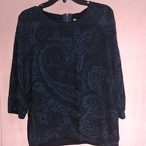 Chicos Blue Paisley Jacquard 3/4 Sleeve Pullover Top  - Size 3 (XL)